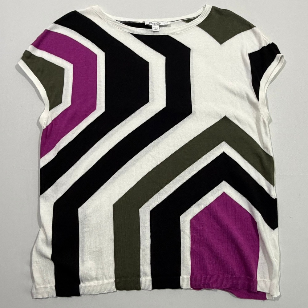 Chicos Knit Top Womens 2 L Purple Black Geometric Cap Sleeve Cotton Blend Mod